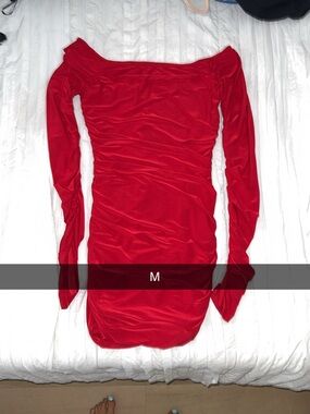 Red Off-Shoulder Long Sleeve Ruched Mini Dress
